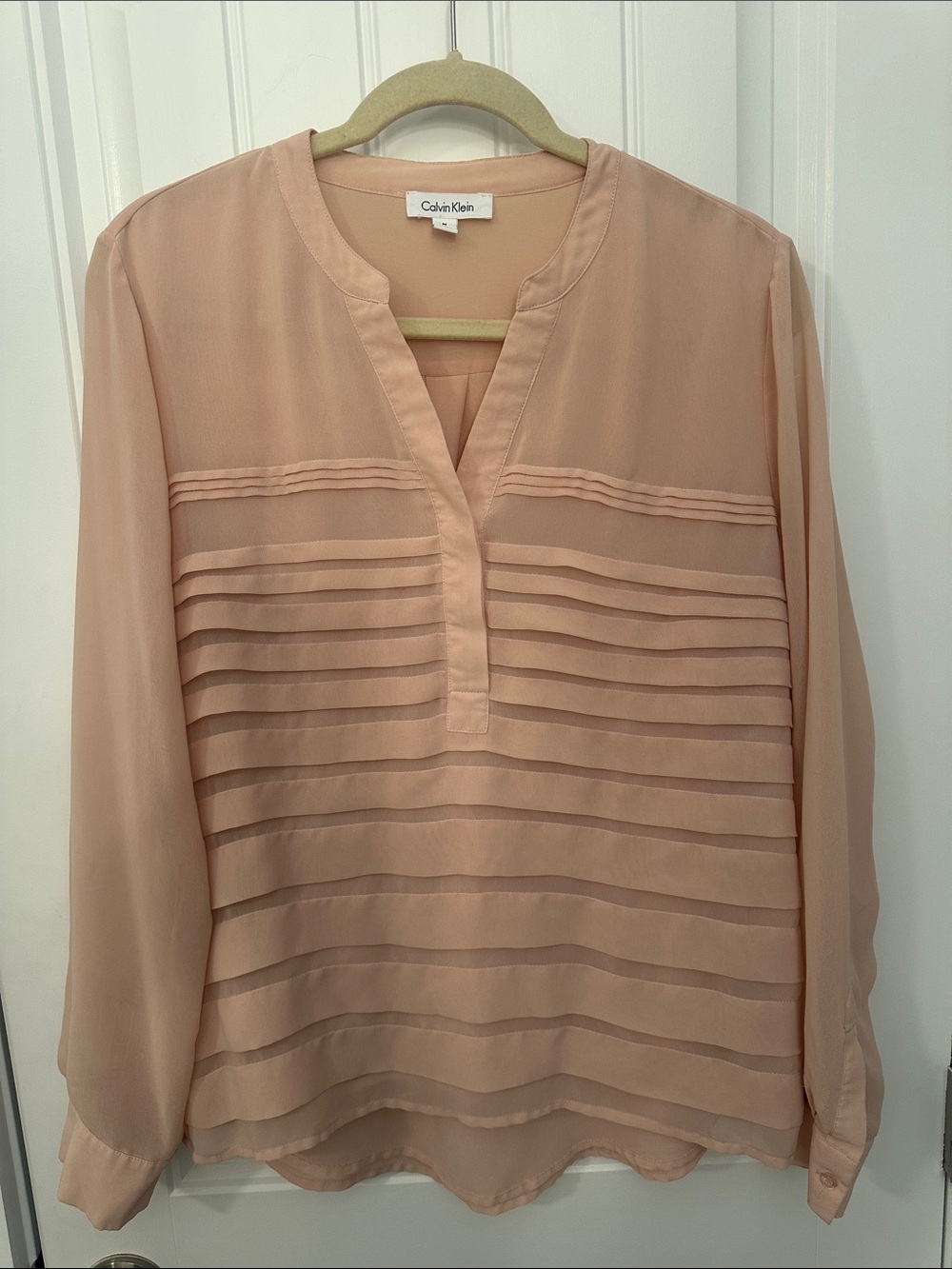 Calvin Klein Blush Pleated Sheer V-Neck Blouse